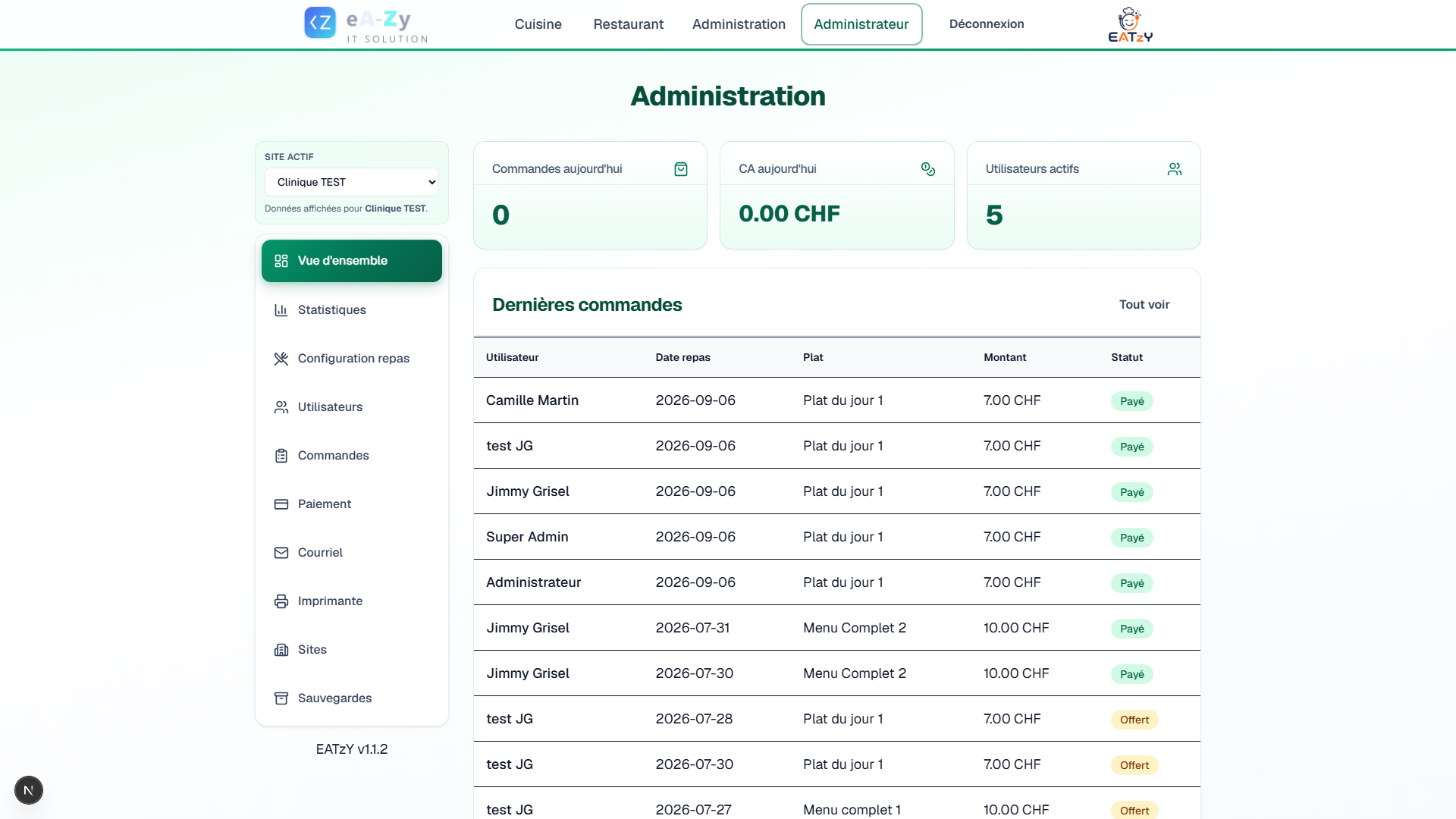 Logiciel de commande de repas EATzY — écran d'accueil kiosque collaborateurs