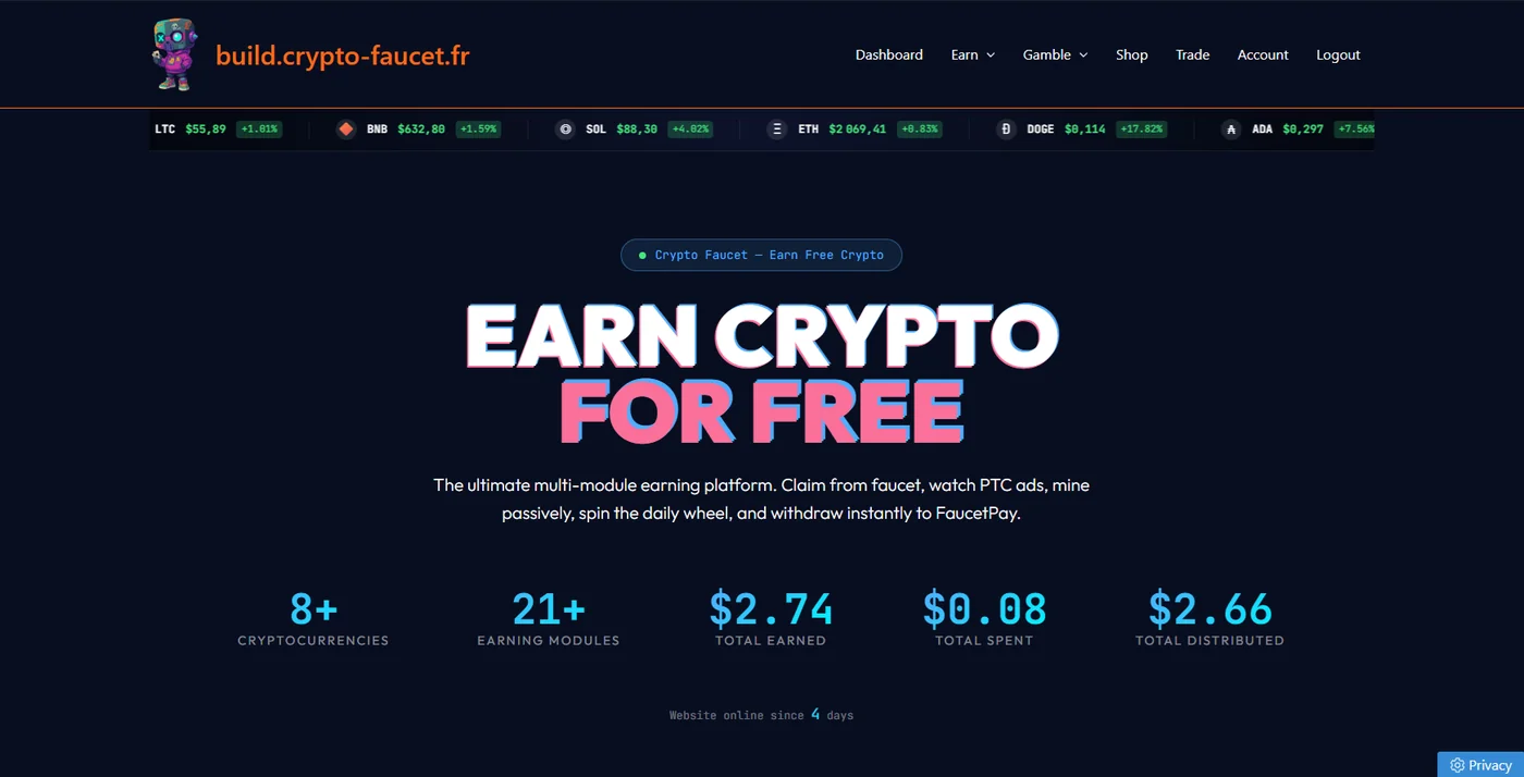 Application web Crypto Faucet développée par eA-Zy IT - interface web sur mesure