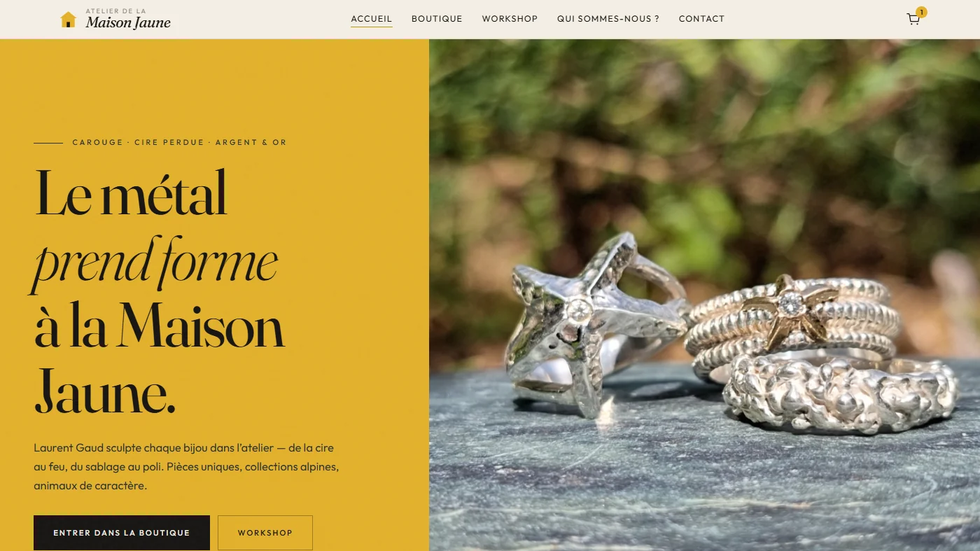 Site e-commerce Atelier de la Maison Jaune — bijoux en cire perdue à Carouge, créé par eA-Zy IT